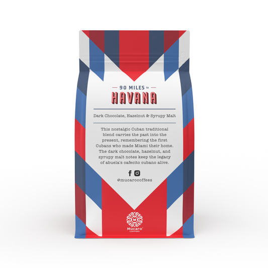 Múcaro Coffees 90 miles to havana blend backside of bag