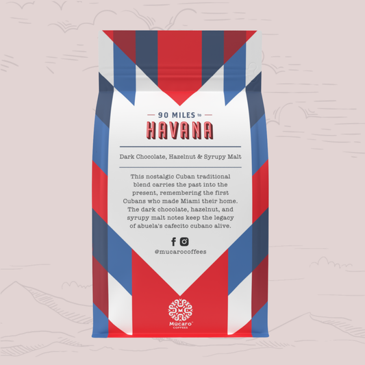 A standing bag of Mucaro Coffee's 90 Miles to Havana blend (Dark Chocolate, Hazelnut & Syrupy Malt) featuring a red, white, and blue geometric pattern, set against a light pink background with faint hand-drawn map outlines.