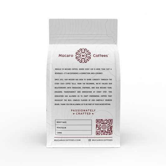 Mucaro Coffees series bag, backside with website qr code