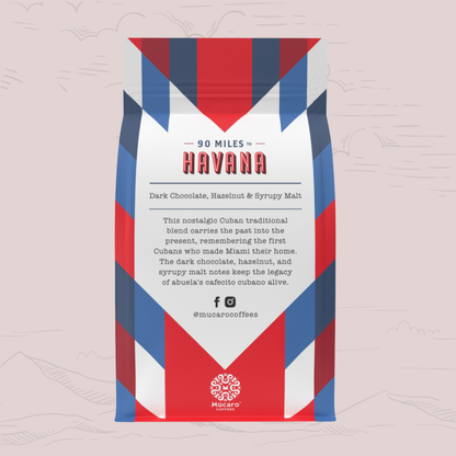 A standing bag of Mucaro Coffee's 90 Miles to Havana blend (Dark Chocolate, Hazelnut & Syrupy Malt) featuring a red, white, and blue geometric pattern, set against a light pink background with faint hand-drawn map outlines.