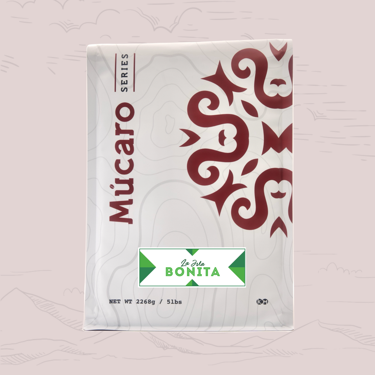 A package of Mucaro Series by La Isla BONITA, featuring a white background with a dark red stylized pattern and a green and white brand label, set against a light pink background with faint topographic line drawings.