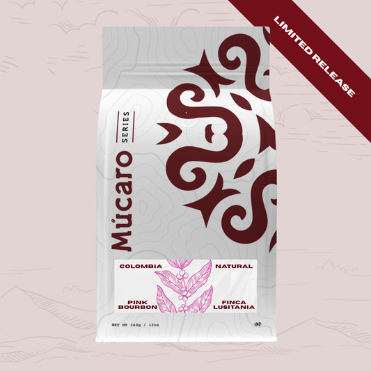 A stand-up pouch of Mucaro Series Colombia Natural Pink Bourbon coffee, featuring a white and gray design with dark red and pink illustrations, set against a pale pink background with a diagonal red 'LIMITED RELEASE' banner.