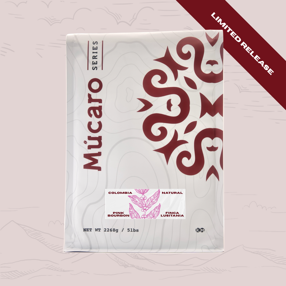 A package of Mucaro Series coffee beans, featuring a white bag with a dark red tribal pattern and text. The package is set against a light pink background with faint mountain illustrations, and a dark red diagonal banner in the top right corner reads 'LIMITED RELEASE'.