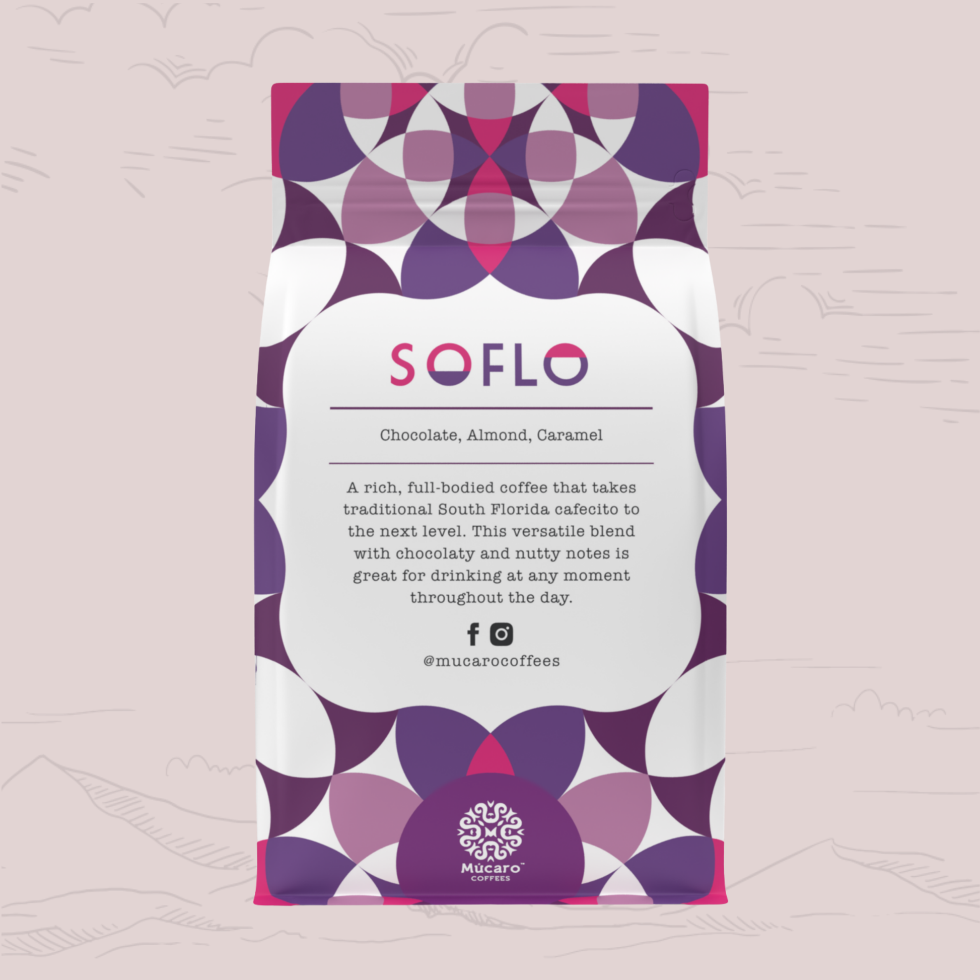 A stand-up coffee bag from Mucaro Coffees with a white center label and a geometric pattern in purple, magenta, and white around the edges. The label reads 'SOFLO' and 'Chocolate, Almond, Caramel.